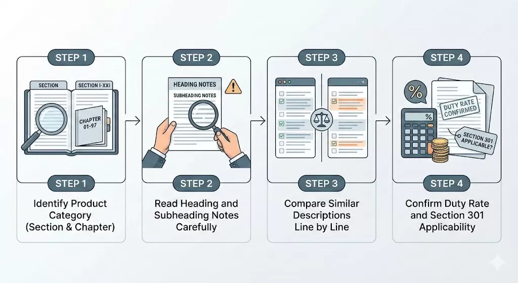 A step-by-step infographic showing the customs classification workflow: Step 1 Identify Product Category (Section & Chapter), Step 2 Read Heading and Subheading Notes Carefully, Step 3 Compare Similar Descriptions Line by Line, and Step 4 Confirm Duty Rate and Section 301 Applicability.