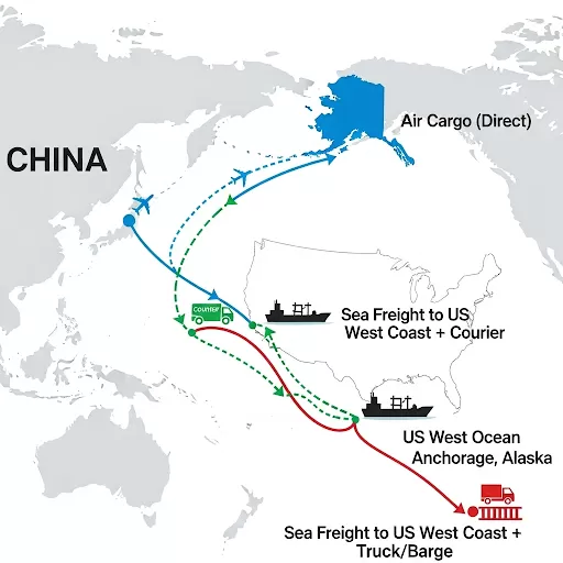 Shipping route map from China to Alaska